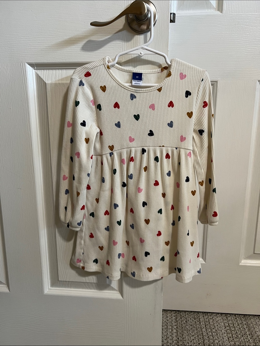 Cream Ribbed Dress with Multicolor Heart Print